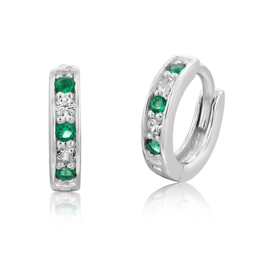 Sterling Silver Rhodium Plated Created Emerald And White CZ Hoop Earrings