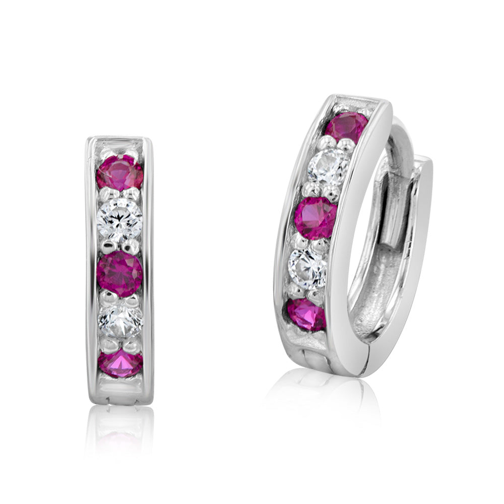 Sterling Silver Rhodium Plated Red Corundum And White Cubic Zirconia Hoop Earrings