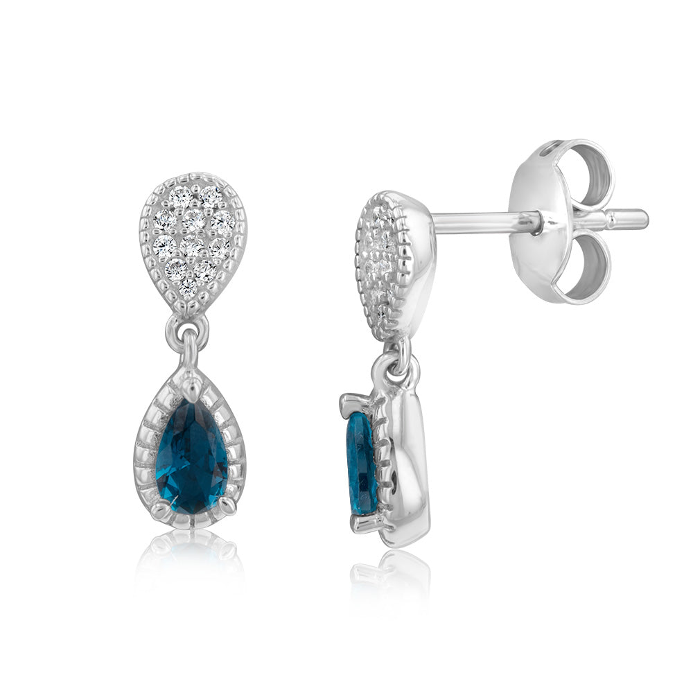 Sterling Silver Rhodium Plated Created  Blue Topaz Pear Drop Earrings