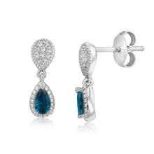 Load image into Gallery viewer, Sterling Silver Rhodium Plated Created  Blue Topaz Pear Drop Earrings