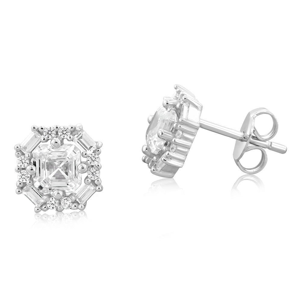 Sterling Silver Rhodium Plated White Cubic Zirconia Studs Earrings