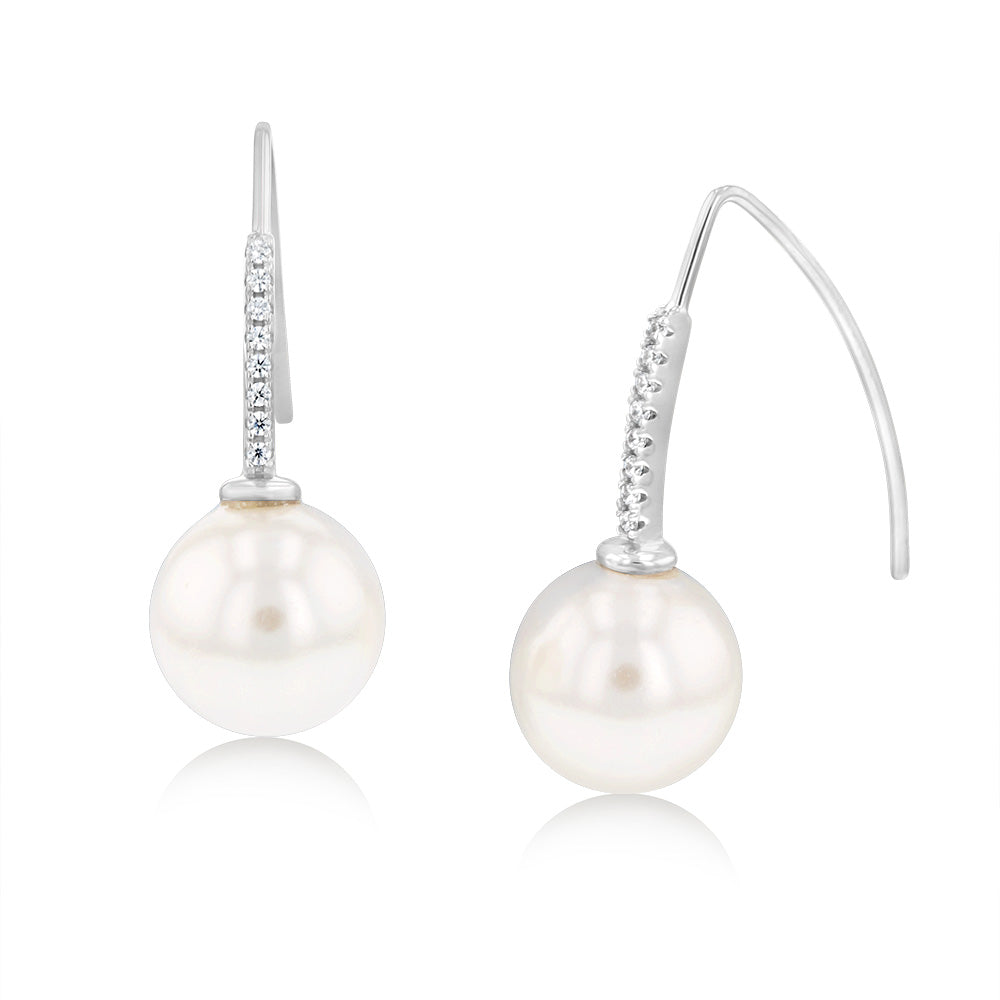 Sterling Silver Rhodium Plated White Shell Pearl & Zirconia Earrings