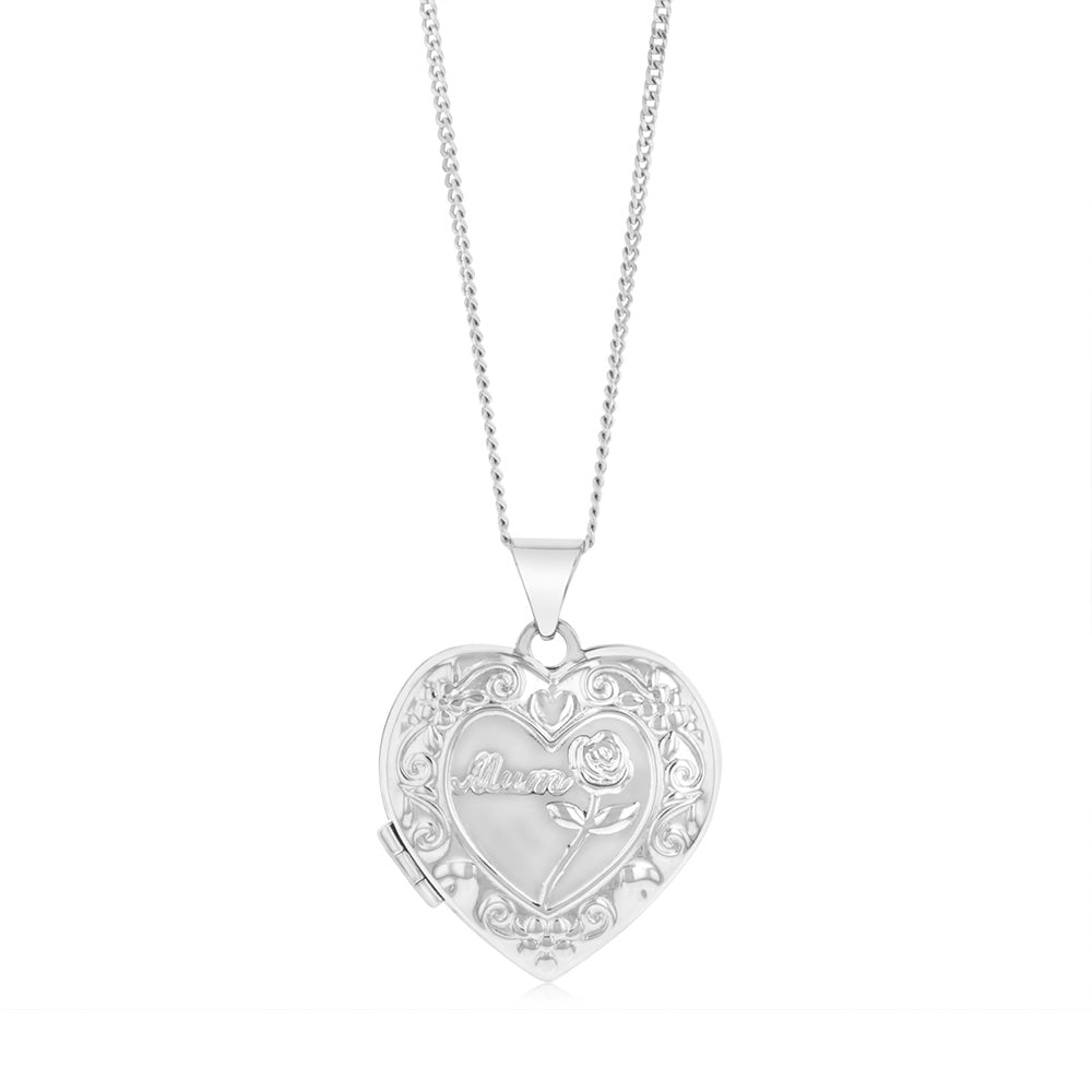 Sterling Silver Rhodium Plated Engraved Heart Locket