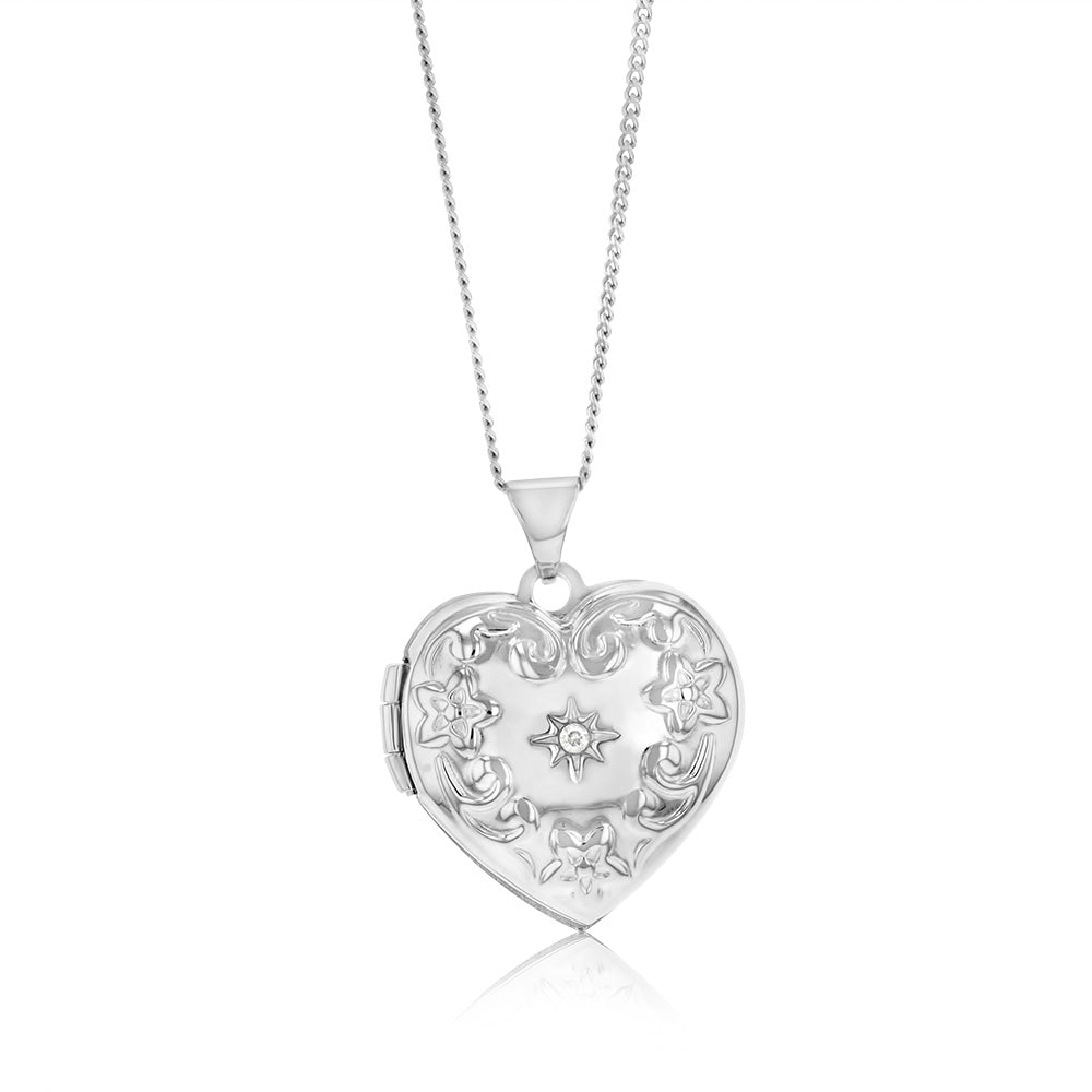 Sterling Silver Rhodium Plated White Cubic Zirconia Engraved Heart Locket