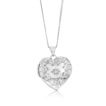 Load image into Gallery viewer, Sterling Silver Rhodium Plated White Cubic Zirconia Engraved Heart Locket