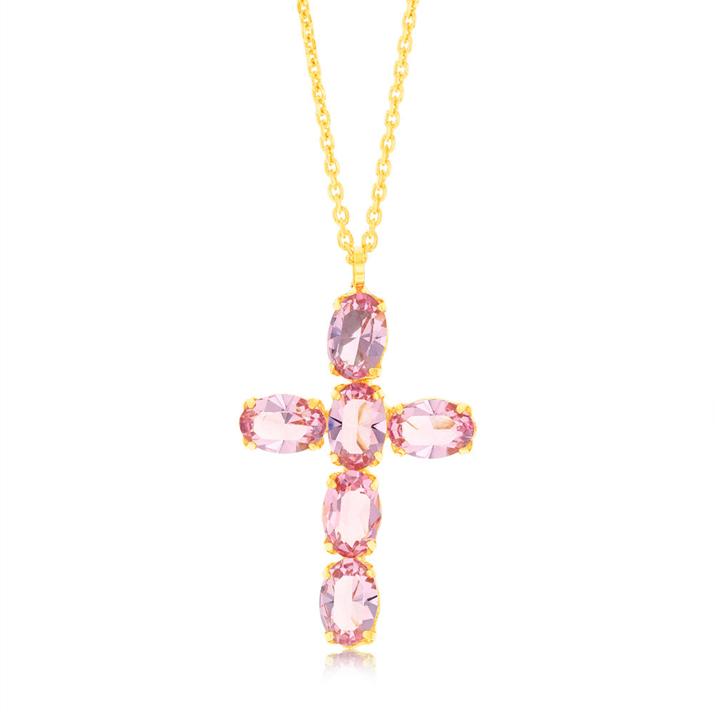 Sterling Silver Gold Plated Pink Crystal Fancy Cross Pendant On 42+3cm Chain
