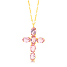 Load image into Gallery viewer, Sterling Silver Gold Plated Pink Crystal Fancy Cross Pendant On 42+3cm Chain