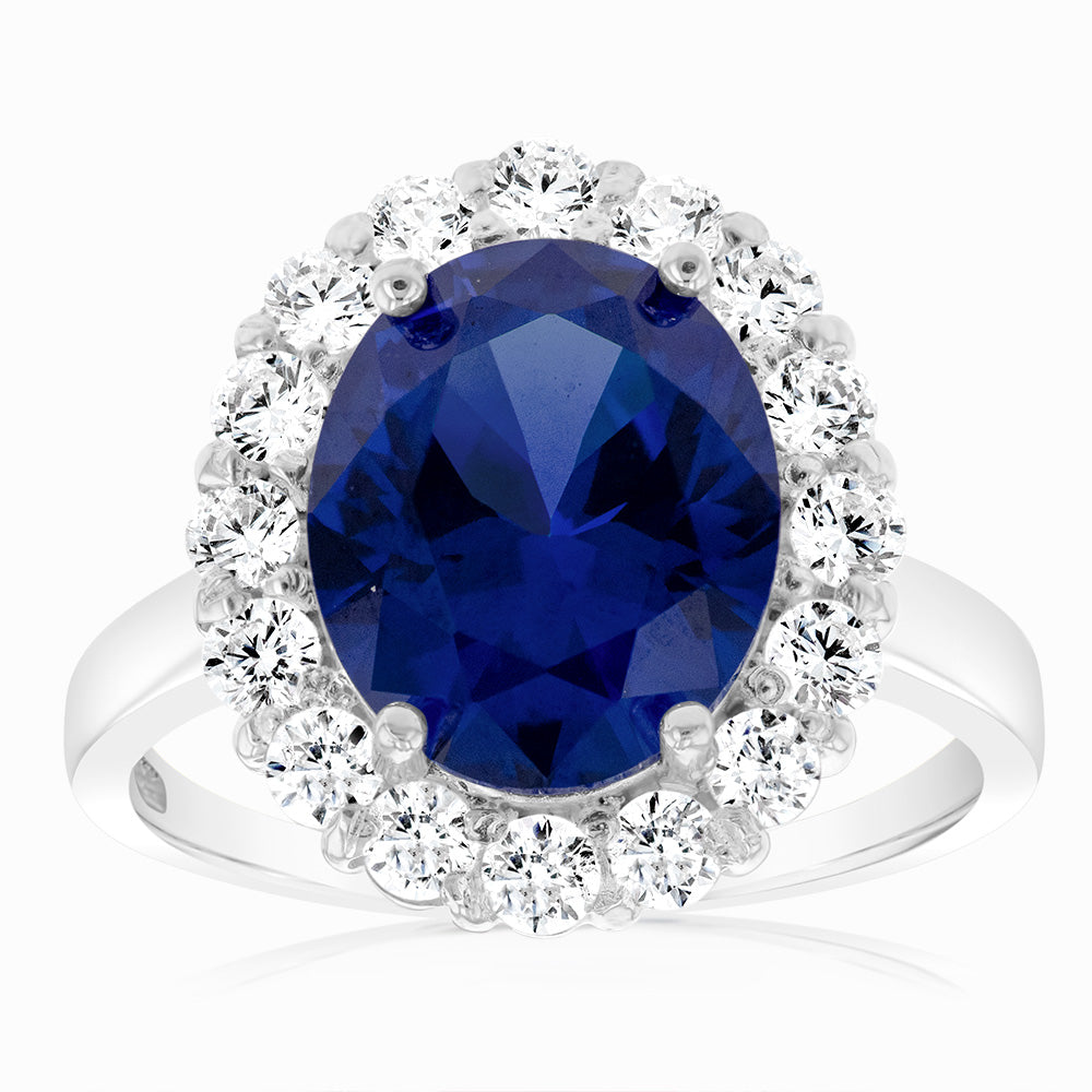 Sterling Silver Oval Blue And White Zirconia Halo Ring