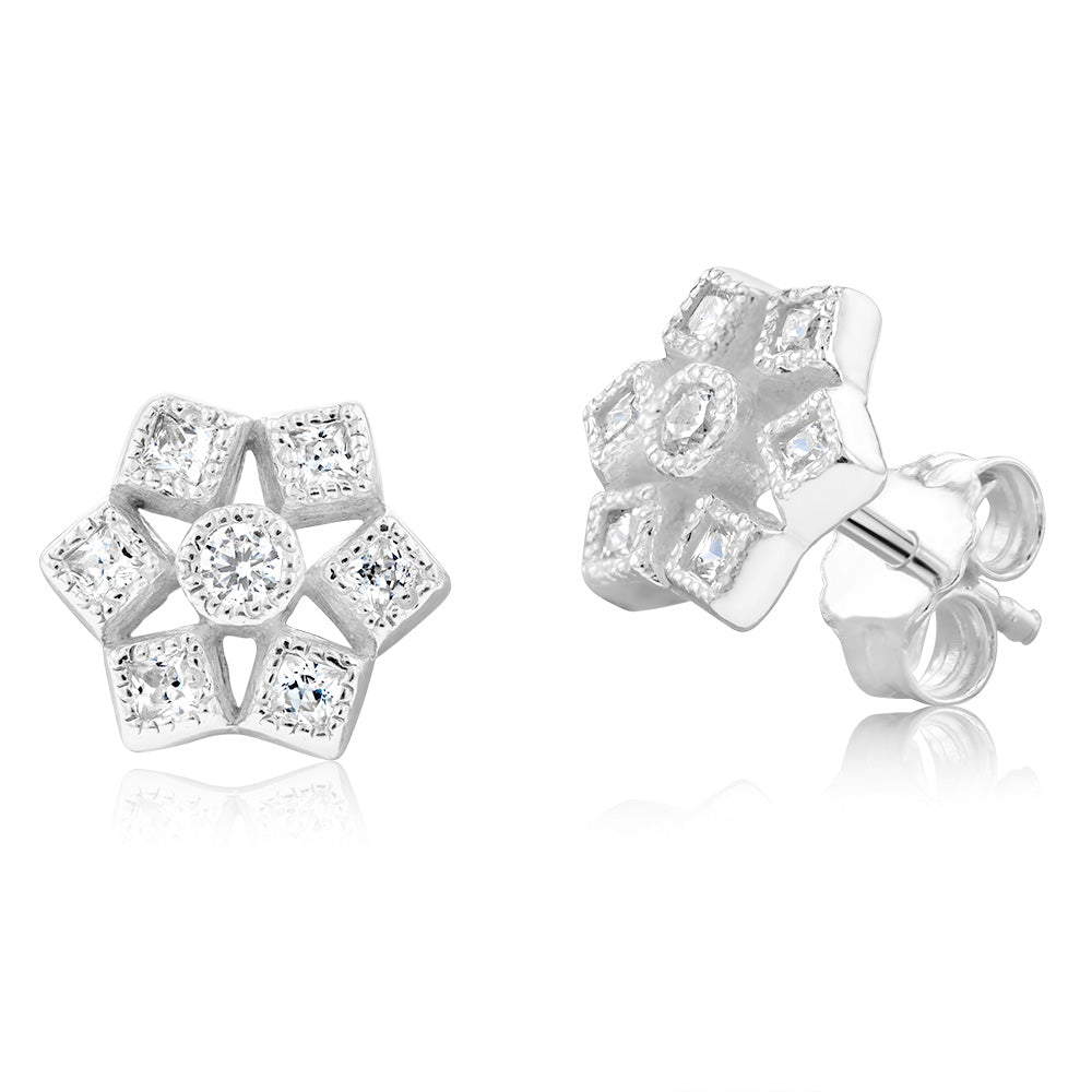 Sterling Silver Geometric Flower Cubic Zirconia Stud Earrings