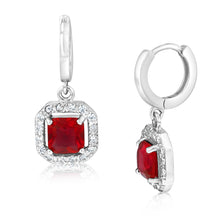 Load image into Gallery viewer, Sterling Silver Square Created Ruby And Zirconia Drop Earrings