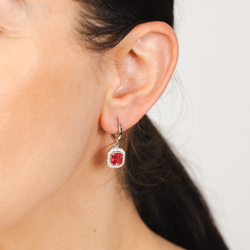 Sterling Silver Square Created Ruby And Zirconia Drop Earrings