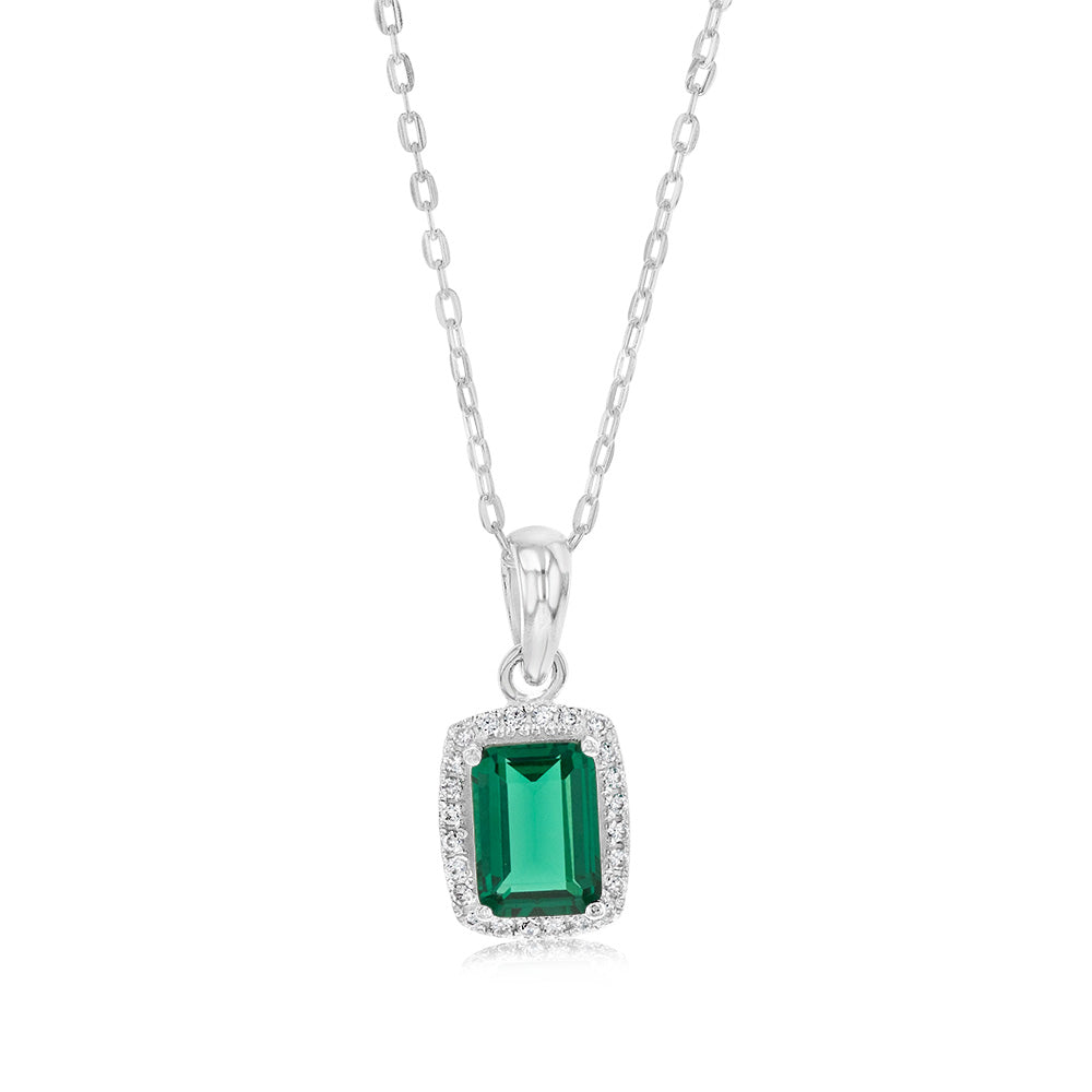 Sterling Silver Green White Zirconia Rectangle Pendant On Chain