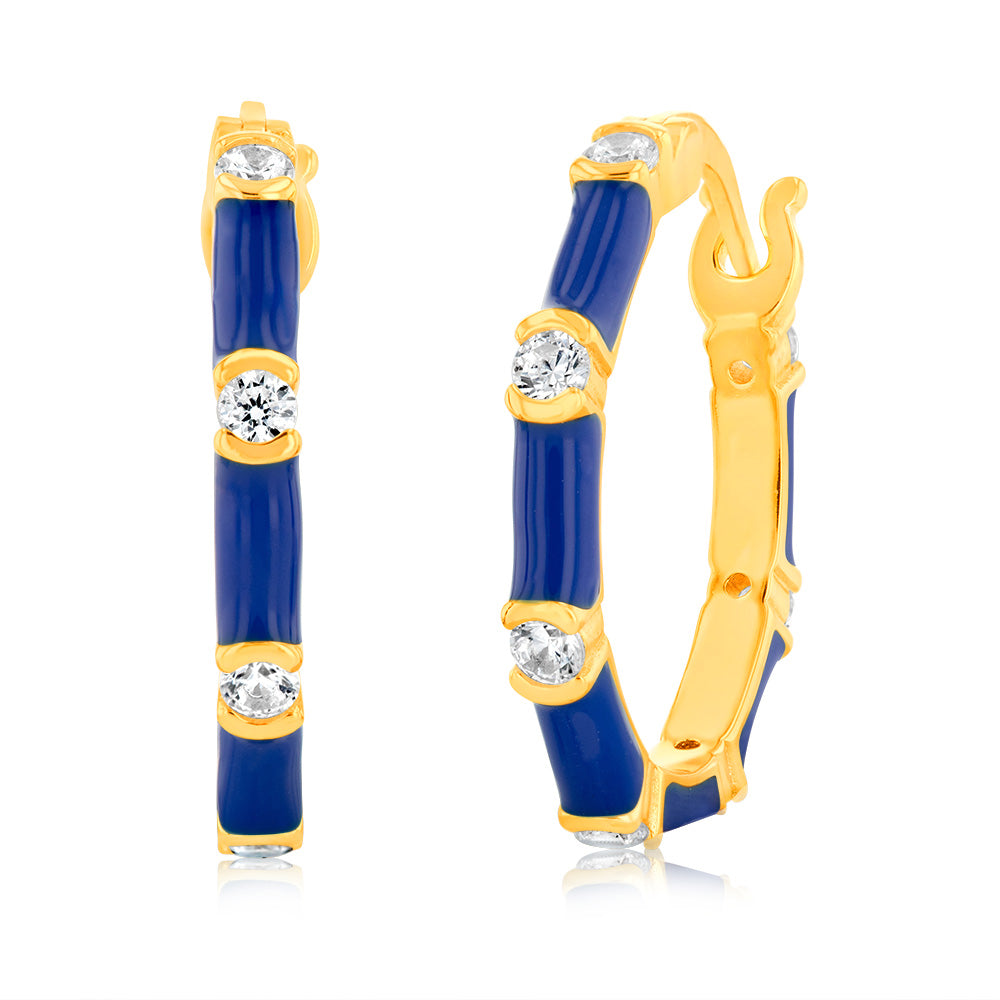 Sterling Silver Gold Plated Blue Enamel And White Zirconia Hoop Earrings