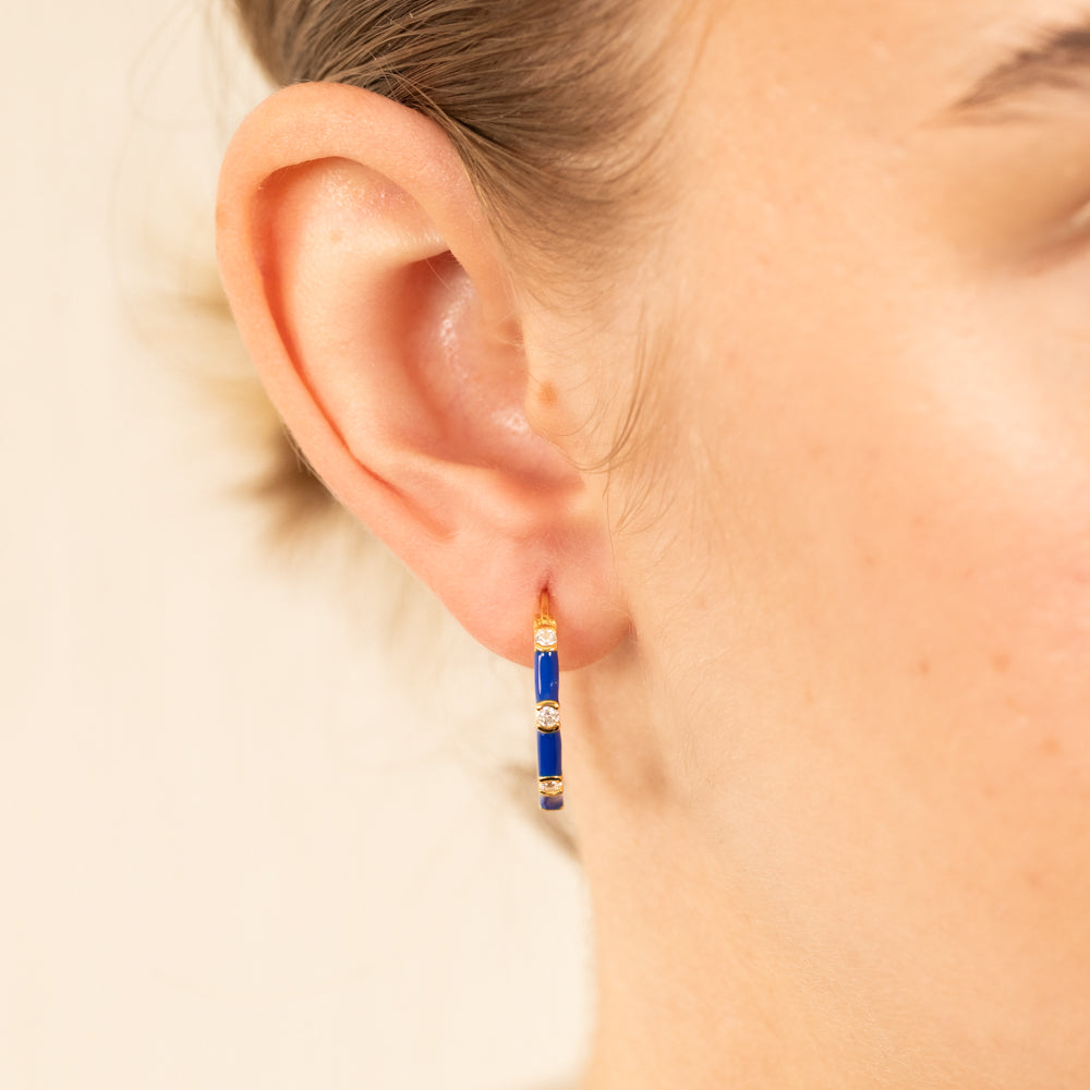 Sterling Silver Gold Plated Blue Enamel And White Zirconia Hoop Earrings