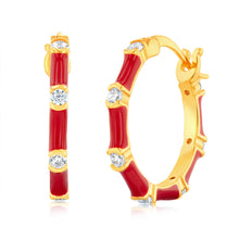 Load image into Gallery viewer, Sterling Silver Gold Plated Red Enamel And Zirconia Hoop Earrings