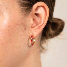 Load image into Gallery viewer, Sterling Silver Gold Plated Red Enamel And Zirconia Hoop Earrings