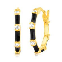 Load image into Gallery viewer, Sterling Silver Gold Plated Black Enamel And Zirconia 20mm Hoop Earrings