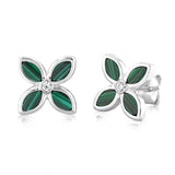 Sterling Silver Rhodium Plated Created Malachite Four Petal Stud Earrings