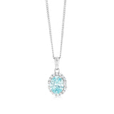 Sterling Silver Rhodium Plated White And Aquamarine Cubic Zirconia Oval Pendant