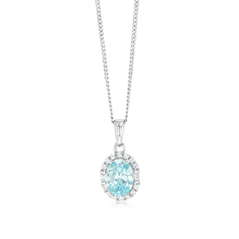 Sterling Silver Rhodium Plated White And Aquamarine Cubic Zirconia Oval Pendant