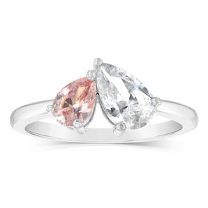 Sterling Silver Rhodium Plated White And Pink Cubic Zirconia Pear Fancy Ring