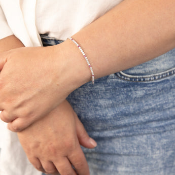 Sterling Silver Rhodium Plated Round White Zirconia And Created Ruby 16.5+3cm Tennis Bracelet