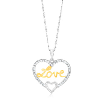 Sterling Silver Two Tone Cubic Zirconia "Love" Heart Pendant