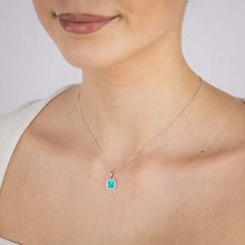 Sterling Silver Rhodium Plated Cubic Zirconia Created Blue Opal Square Pendant