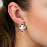 Sterling Silver Gold Plated White Shell Pearl Four Leaf Clover Stud Earrings