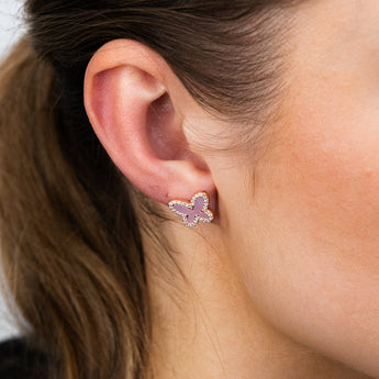 Sterling Silver Rose Gold Plated Cubic Zirconia Pink Shell Pearl Butterfly Stud Earrings