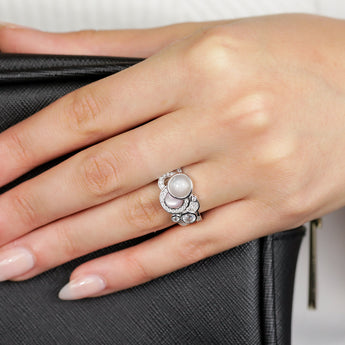 Sterling Silver Rhodium Plated Cubic Zirconia Pink Shell Pearl Moonstone Fancy Ring