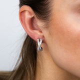 Sterling Silver Rhodium Plated Cubic Zirconia White Shell Pearl Cross Over Half Hoop Earrings