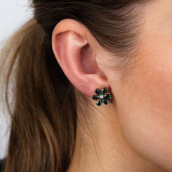Sterling Silver Gold Plated Green Cubic Zirconia Flower Stud Earrings