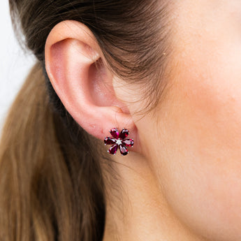 Sterling Silver Rhodium Plated Red Cubic Zirconia Flower Stud Earrings