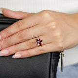 Sterling Silver Rhodium Plated Red Cubic Zirconia Flower Ring