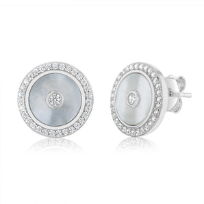 Sterling Silver Rhodium Plated Cubic Zirconia White Shell Pearl Round Stud Earrings