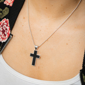 Sterling Silver Onyx Paste Black Cross On 50cm Ball Chain