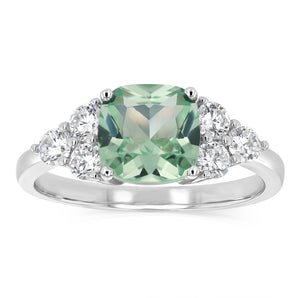 Sterling Silver Rhodium Plated Nano Green And White Cubic Zirconia Fancy Ring