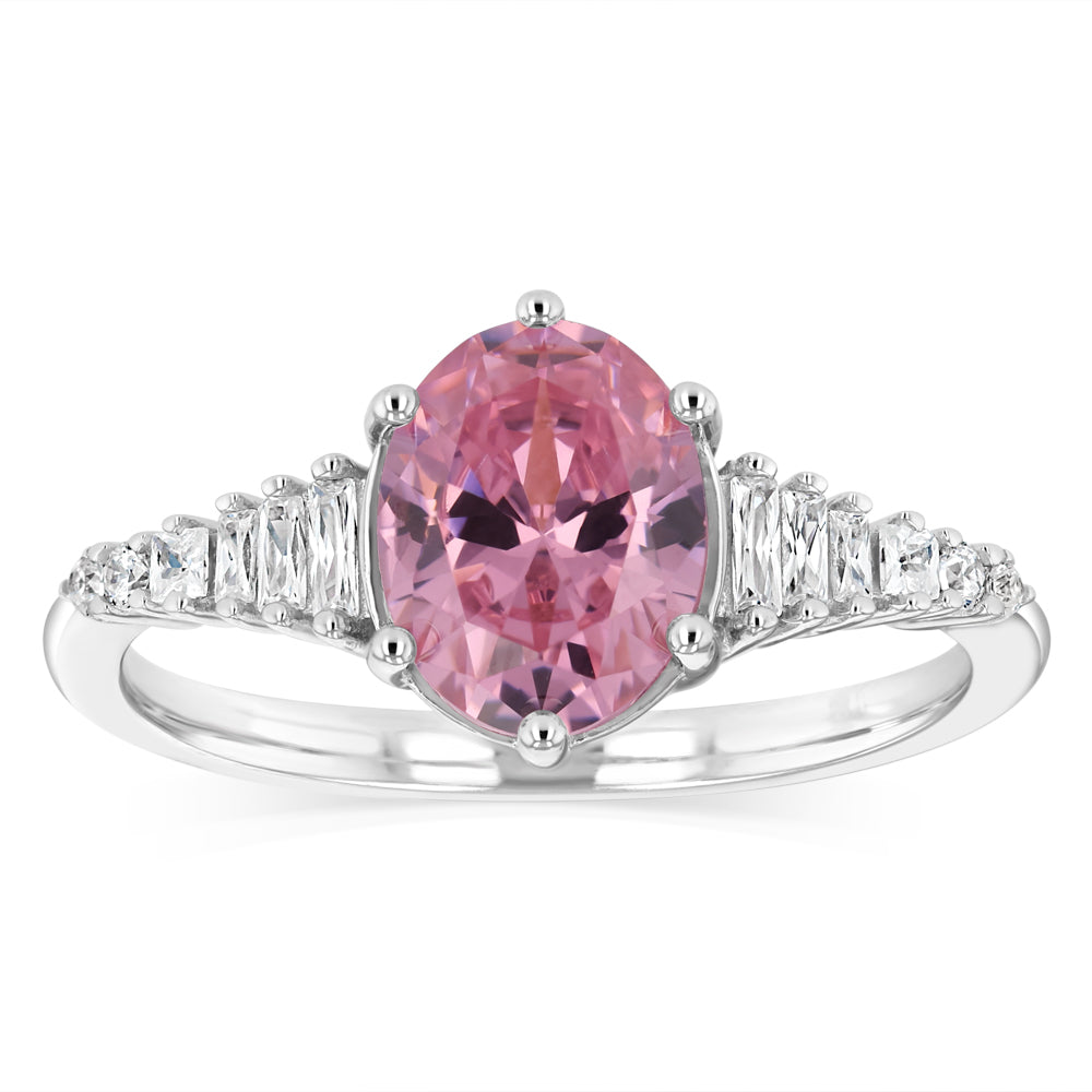 Sterling Silver Rhodium Plated White And Pink Cubic Zirconia Fancy