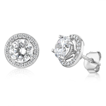Sterling Silver Round White Cubic Zirconia Halo Stud Earrings