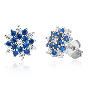 Sterling Silver White And Blue Cubic Zirconia Fancy Flower Stud Earrings
