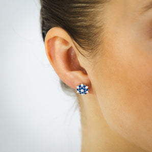 Sterling Silver White And Blue Cubic Zirconia Fancy Flower Stud Earrings