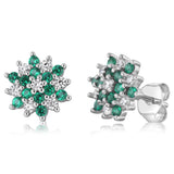 Sterling Silver White And Green Cubic Zirconia Fancy Flower Stud Earrings