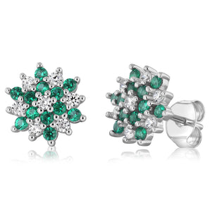 Sterling Silver White And Green Cubic Zirconia Fancy Flower Stud Earrings