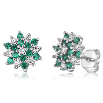 Sterling Silver White And Green Cubic Zirconia Fancy Flower Stud Earrings