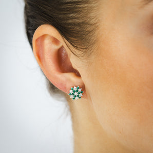 Sterling Silver White And Green Cubic Zirconia Fancy Flower Stud Earrings