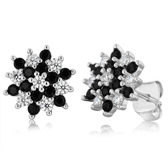 Sterling Silver White And Black Cubic Zirconia Fancy Flower Stud Earrings