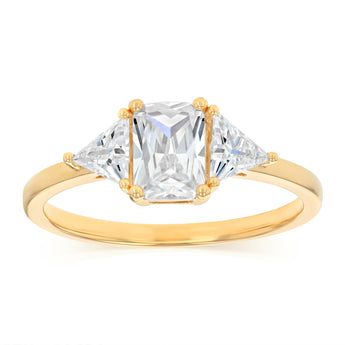 Sterling Silver Gold Plated Emerald and Trillion Cut Cubic Zirconia Ring