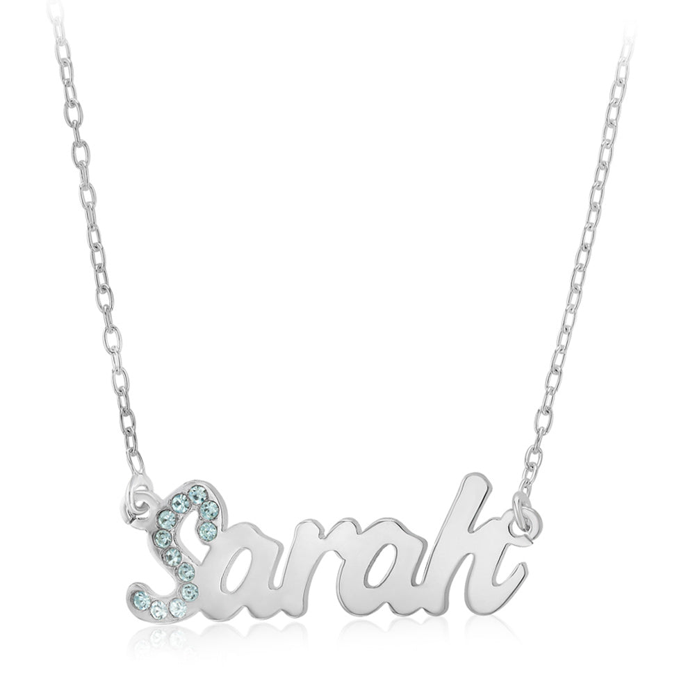 Personalised Sterling Silver Name Pendant with Cubic Zirconia on 40cm Chain - March
