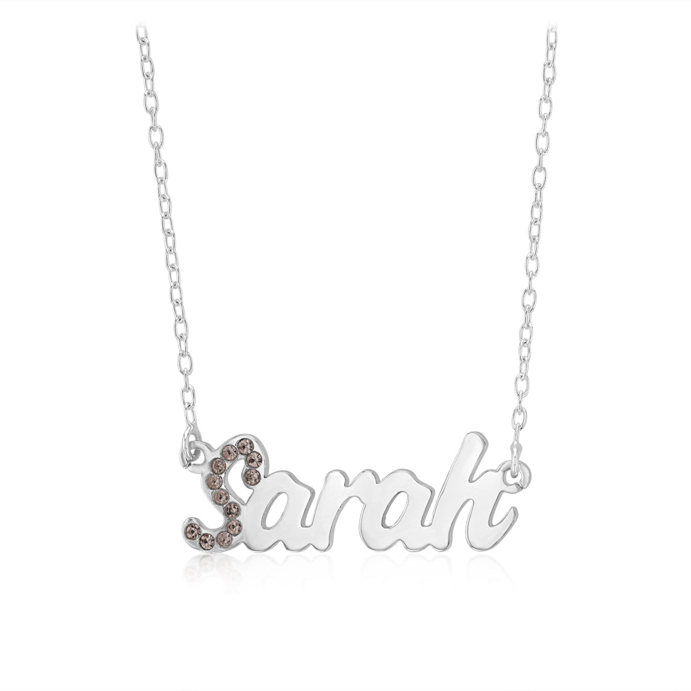 Personalised Sterling Silver Name Pendant with Cubic Zirconia on 40cm Chain - June
